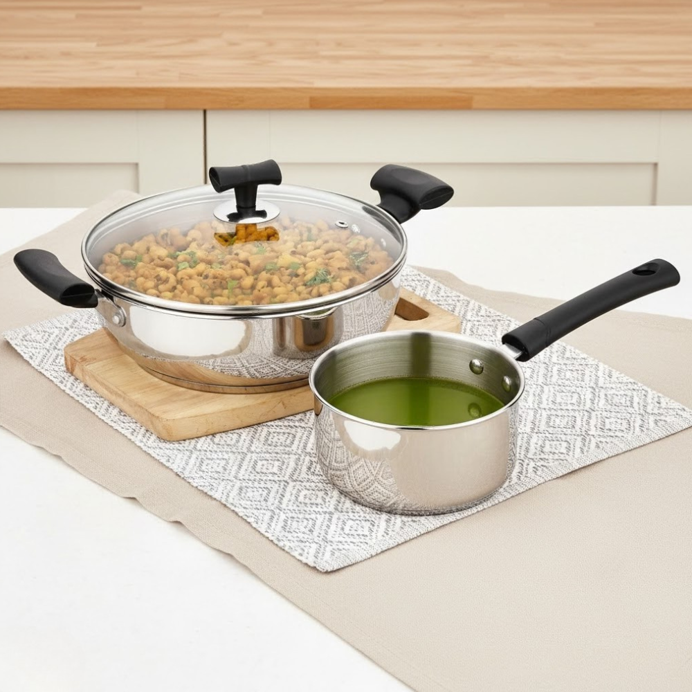 विनोद - डोनिव स्टेनलेस स्टील सैंडविच बॉटम सॉलिटेयर कुकवेयर सेट / 1 पीस सॉस पैन / 1 पीस कढ़ाई ग्लास ढक्कन के साथ - इंडक्शन फ्रेंडली - 2 पीस का सेट।
