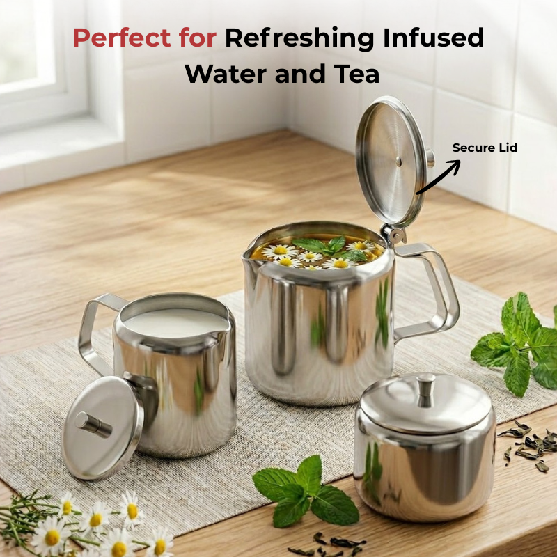 Vinod stainless steel 3 piece jumbo tea set, 1400 ml tea pot with 250 ml milk and sugar pots, close-up detail