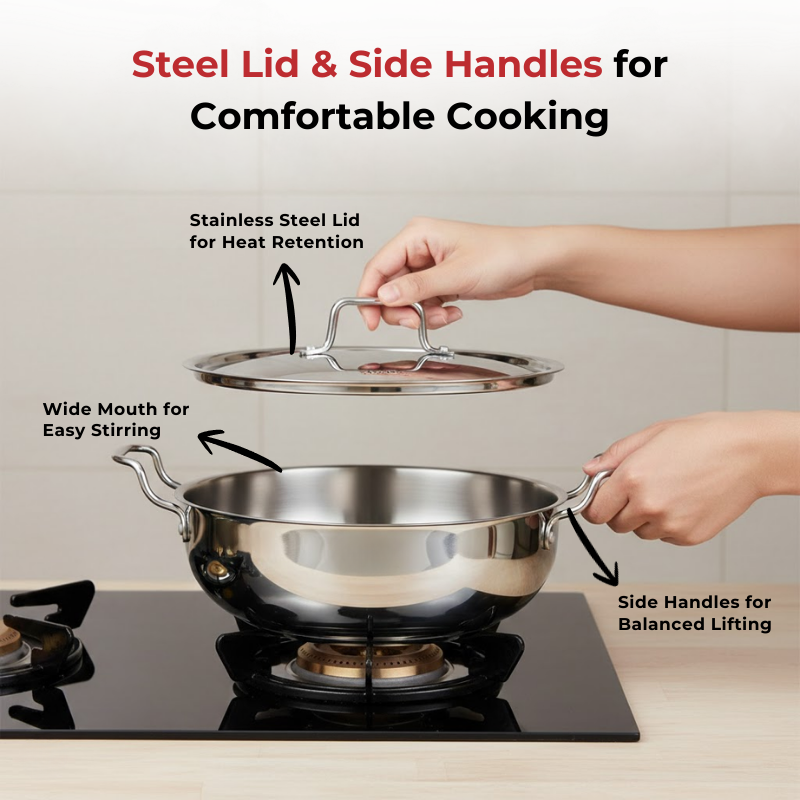 Vinod Doniv Stainless Steel Majestic Sandwich Bottom Kadai with Steel Lid, in-use view