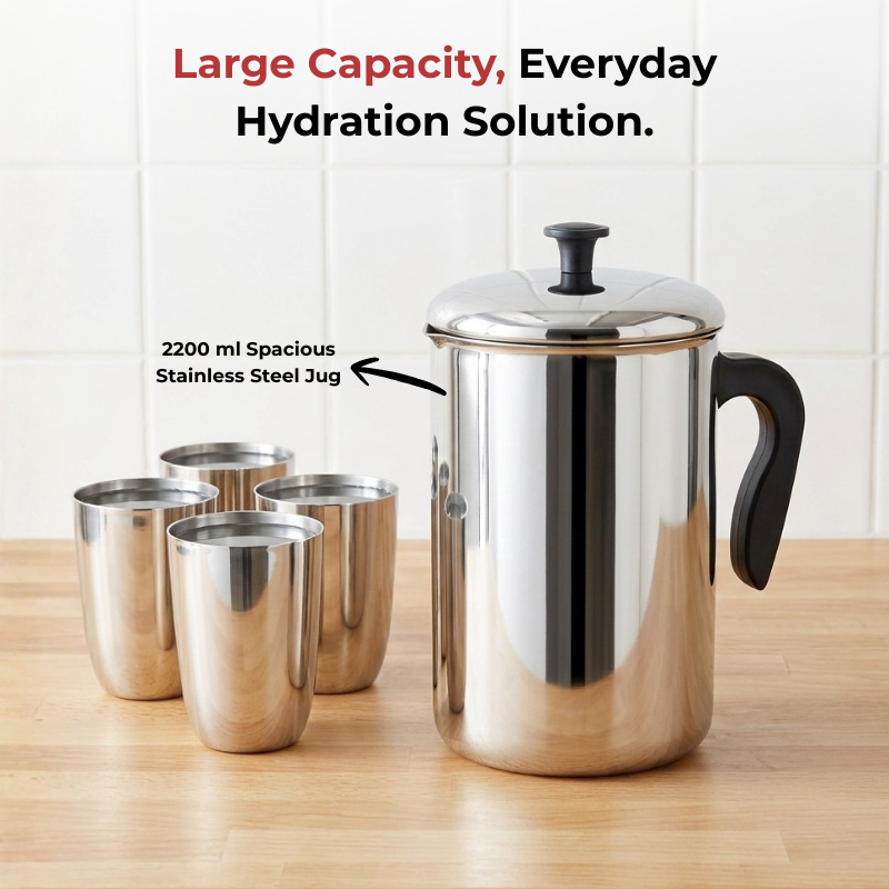 VINOD Stainless Steel Aqua Jug Covered 2200 ml with Highest Grade Stainless Steel, Mirror Finish, Strong & Durable Build, Rust Free
