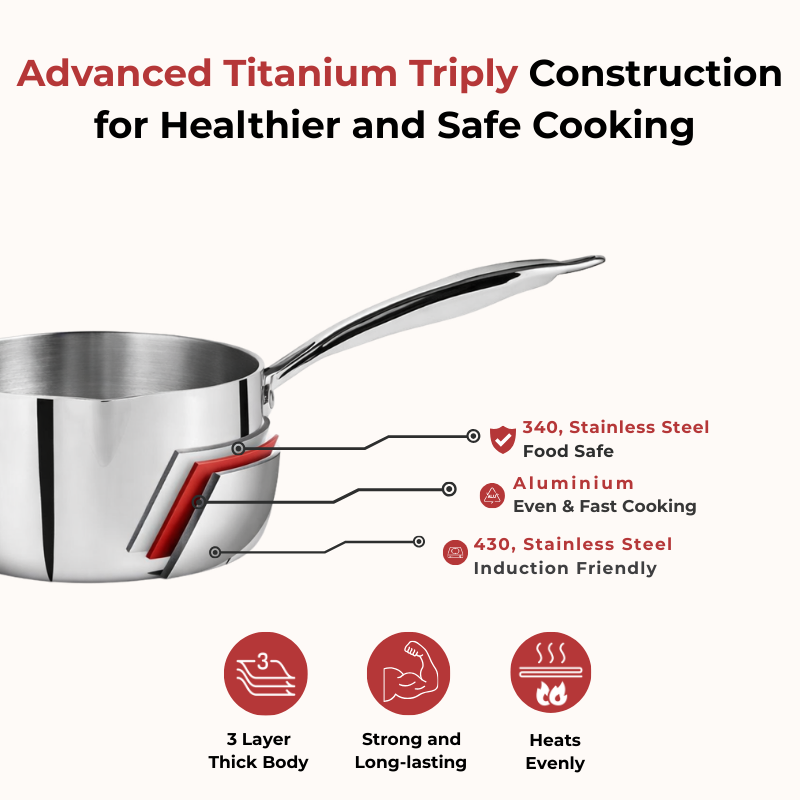 VINOD Doniv Titanium Triply Stainless Steel Milk Pan 16 cms, Capacity 1.60 Liter