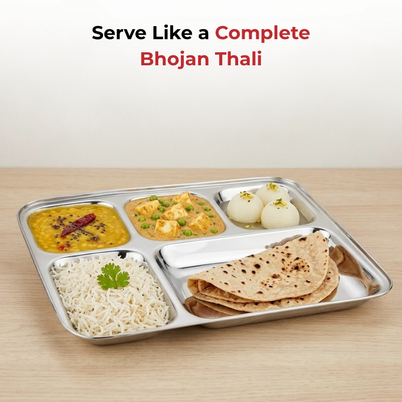 VINOD Stainless Steel 5 Compartment Plate with Square Edges, Lunch & Dinner Plate, Bhojan Thali, High Quality Steel, Rust Free [Pack of 2]