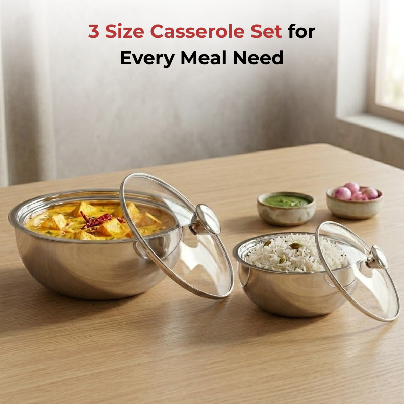 Vinod stainless steel Montero insulated casserole set of 2, 500 ml and 900 ml, in-use view