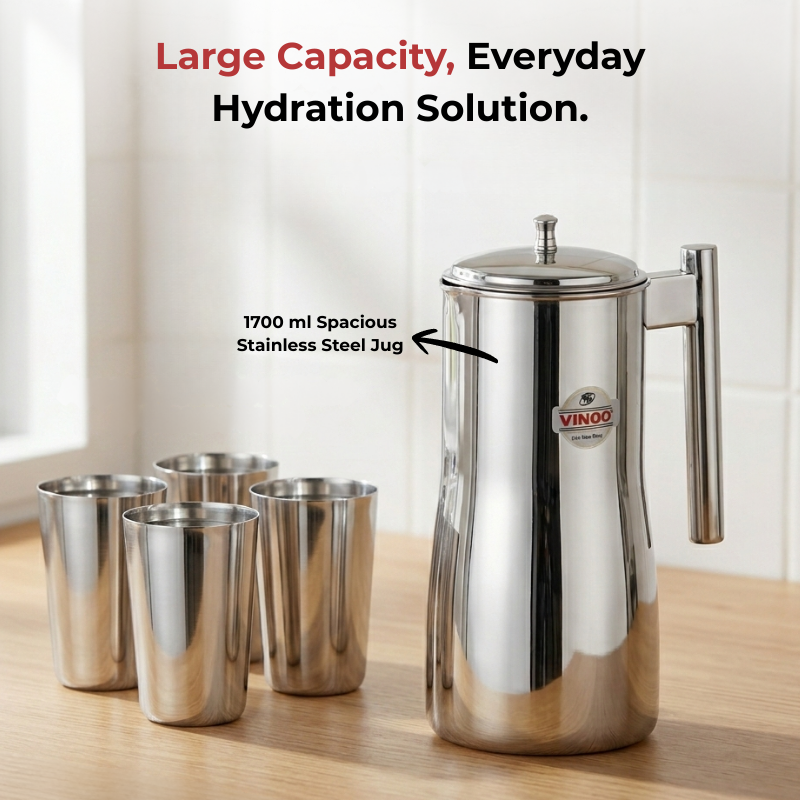 VINOD Stainless Steel Magnum Water Pitcher / Jug with Cover - 1700 ml, Mirror Finish, Sturdy Tough Build, Dishwasher Safe, Leak Free