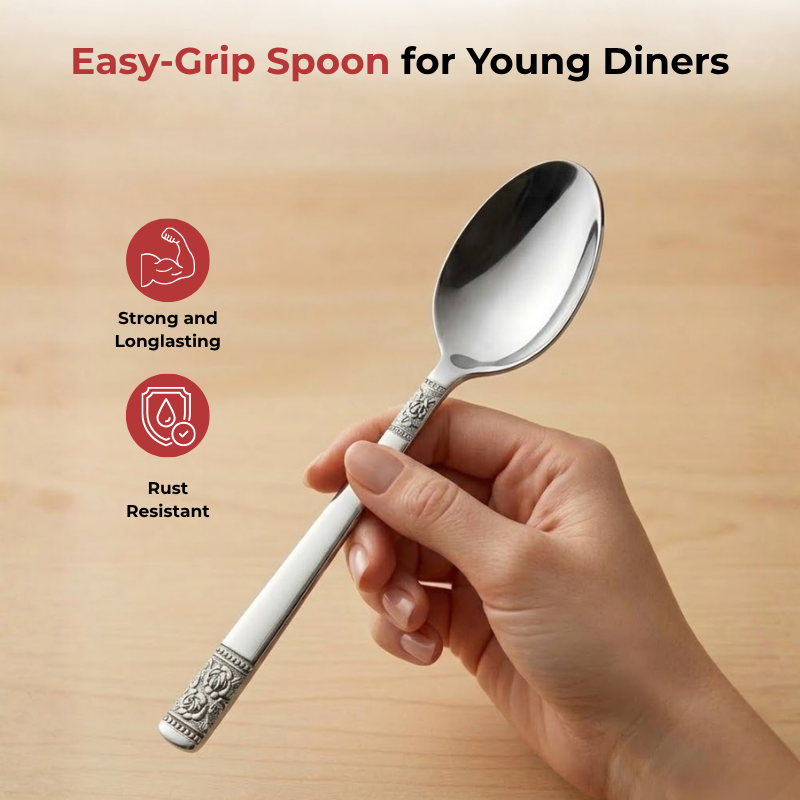 Vinod Moscow stainless steel table spoon set of 12, close-up detail