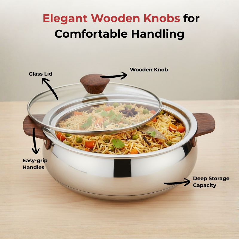 Vinod Stainless Steel Aroma Insulated Casserole with Glass Lid & Wooden Knob, in-use view