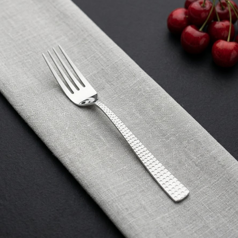 Vinod Aero hammered stainless steel dinner fork set of 12, mirror finish, front view