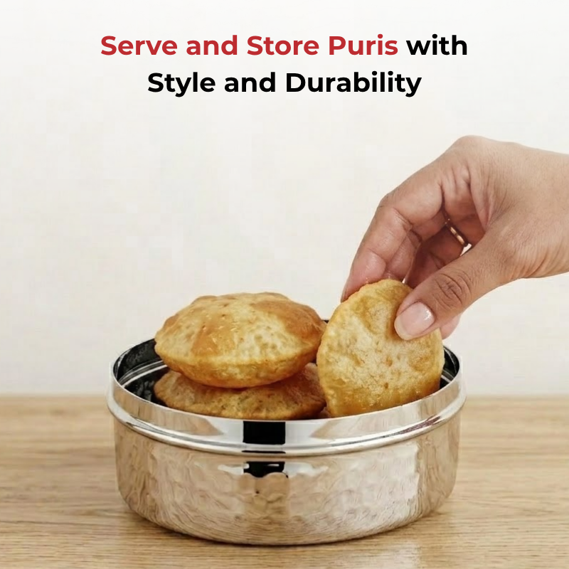 Vinod hammered stainless steel puri dabba set of 4, 1200 ml to 2500 ml, airtight lids, close-up detail