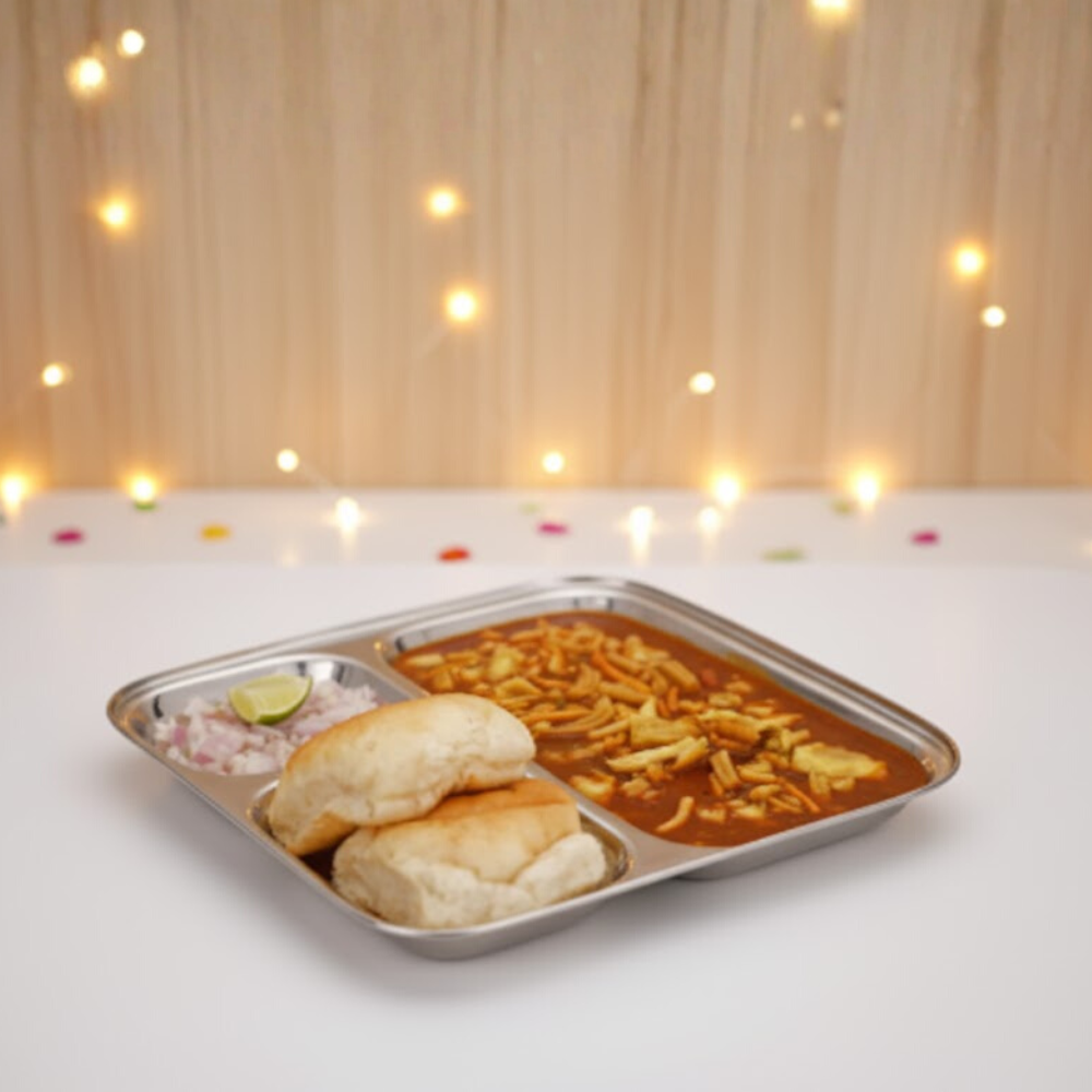 Vinod Stainless Steel 3 compartment Plate with Square Edges / Pav Bhaji Plate / Steel Serving Plates for Lunch / Dinner [Pack of 2 ]