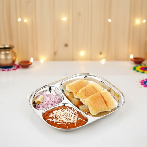Vinod Stainless Steel 3 Compartment Plate with Round Edges/ Pav Bhaji Plates/ Idli Sambhar Breakfast Plate / Steel Plates for Lunch/Dinner [Pack of 2 ]