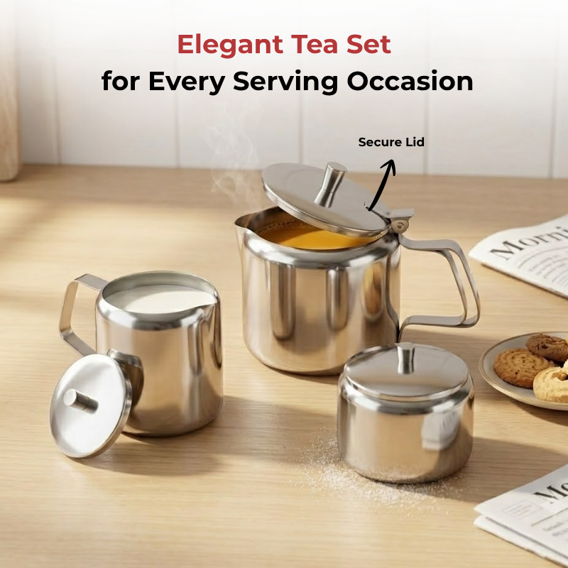 Vinod stainless steel 3 piece large tea set, 1000 ml tea pot with 250 ml milk and sugar pots, close-up detail