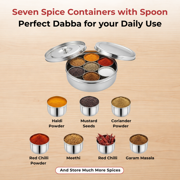 VINOD Stainless Steel Masala Dabba / Spice Box with 7 Containers, Spoon & Inner Lid, Mirror Finish, Rust Free Build - 8 Inch (No.12)