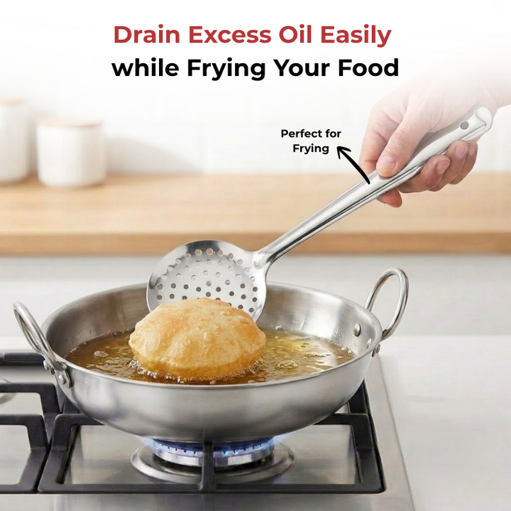 VINOD Stainless Steel Cooking Skimmer / Steel Jharni / Jhara Set of 2 - 27 cm, Highest Grade Stainless Steel, Mirror Finish, Rust Free - No. 3