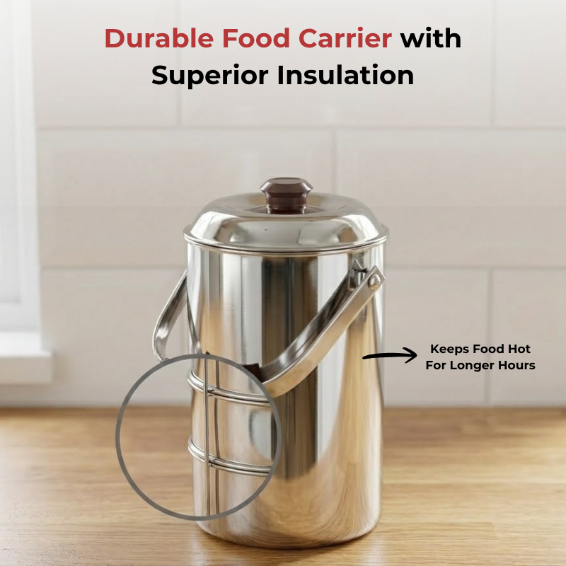 Vinod Stainless Steel Deluxe Hot Tiffin with 3 Compartment, close-up detail