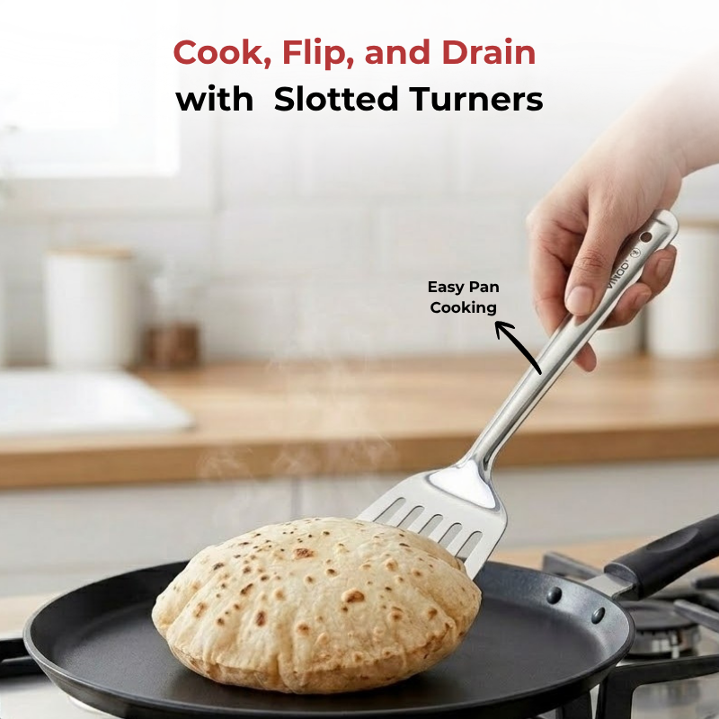 Vinod Stainless Steel Basting Slotted Turner / Cooking Palta Set of 2, close-up detail