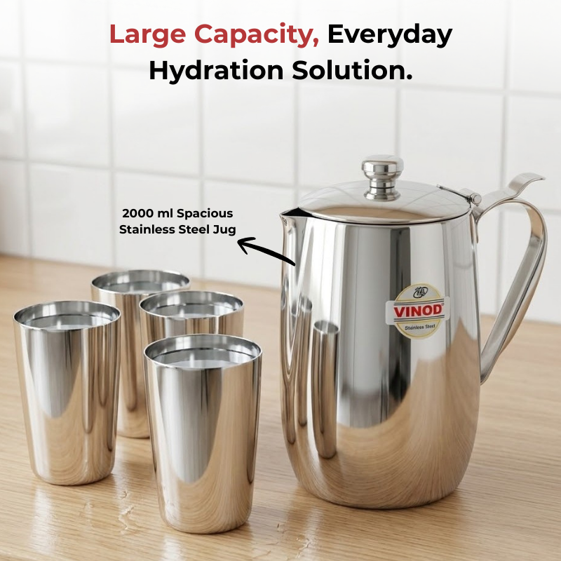 VINOD Stainless Steel Delux Jug with Covered - 2000 ml, Highest Grade Steel, Tough Build, Rust Free, Leakage Proof & Dishwasher Safe