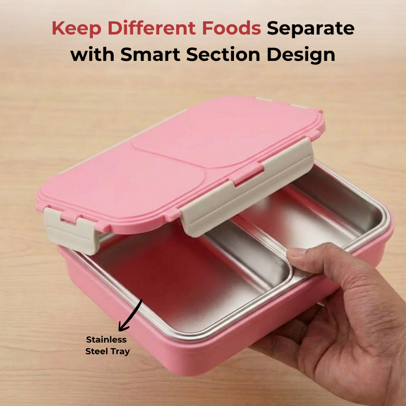 Vinod stainless steel 2 compartment tiffin in pink, silicone-sealed airtight lid, close-up detail