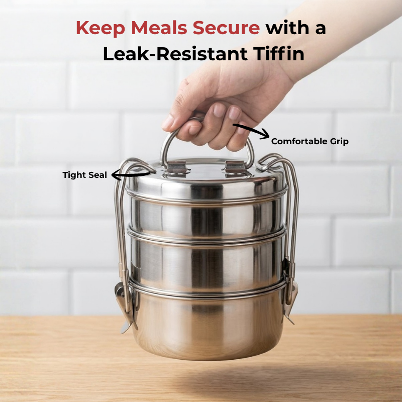 Vinod Stainless Steel Lunch Tiffin - 3 Compartment, close-up detail