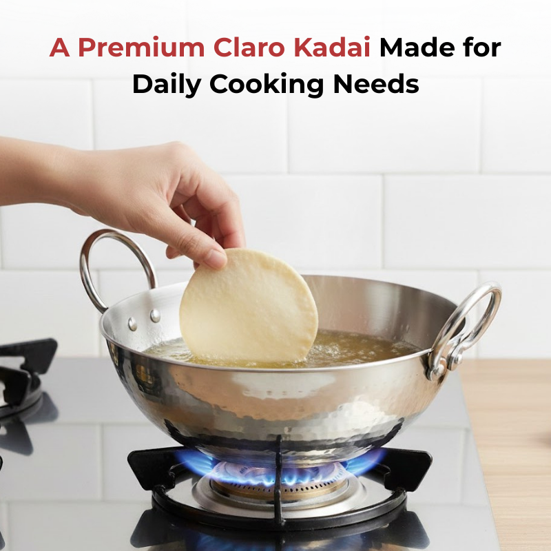 Vinod Claro Heavy Gauge Stainless Steel Hammered Kadai, 2.5 mm, in-use view
