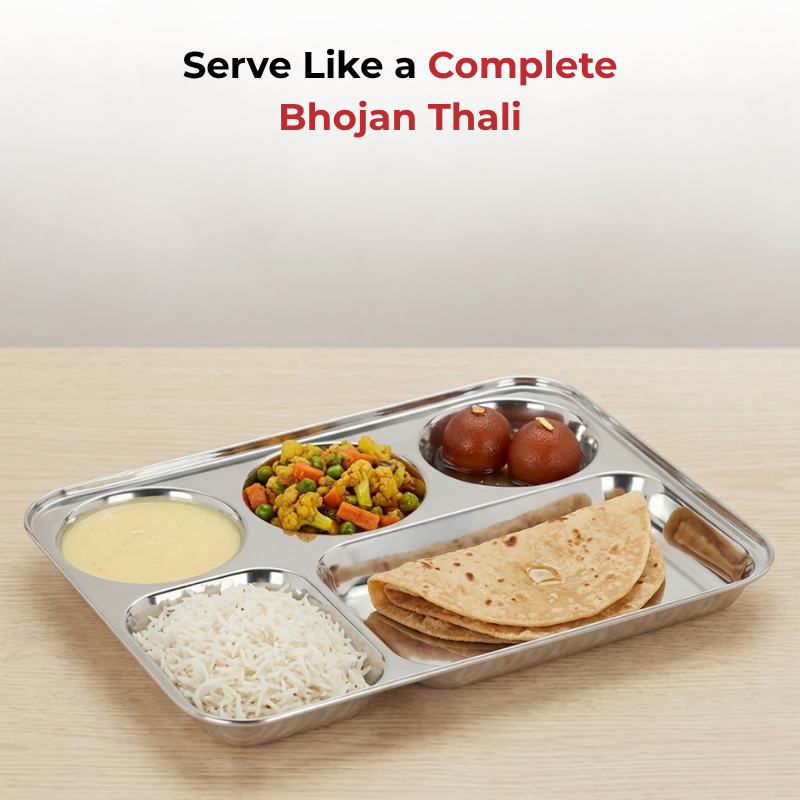 VINOD Stainless Steel 5 Compartment Plate with Round Edges, Lunch & Dinner Plate, Bhojan Thali, High Quality Steel, Rust Free [Pack of 2]