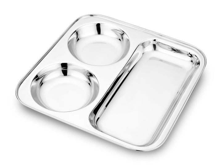 Vinod Stainless Steel 3 in 1 Compartment Plate Partition Plate 24.5 Cm Thali with Two Round Bowl, Mirror Polish, Rust Free, Dishwasher Safe, Kitchenware, Snack, Breakfast, Lunch Plate - pack of 2