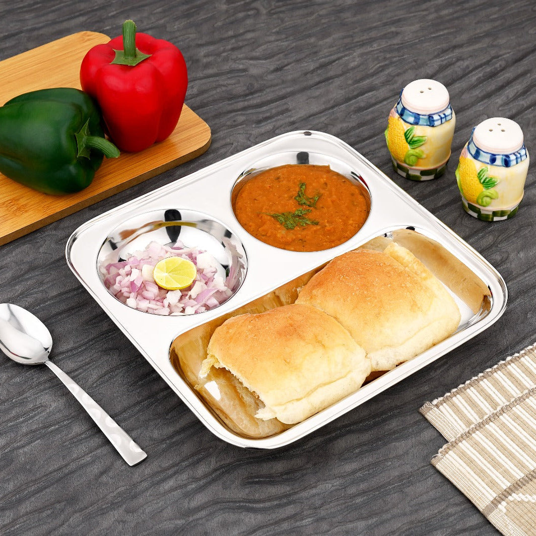 Vinod Stainless Steel 3 in 1 Compartment Plate Partition Plate 24.5 Cm Thali with Two Round Bowl, Mirror Polish, Rust Free, Dishwasher Safe, Kitchenware, Snack, Breakfast, Lunch Plate - pack of 2