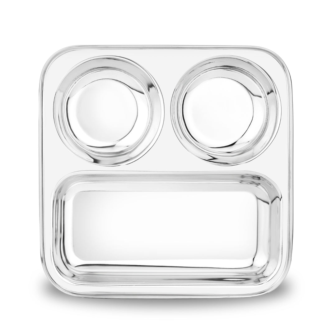 Vinod Stainless Steel 3 in 1 Compartment Plate Partition Plate 24.5 Cm Thali with Two Round Bowl, Mirror Polish, Rust Free, Dishwasher Safe, Kitchenware, Snack, Breakfast, Lunch Plate - pack of 2