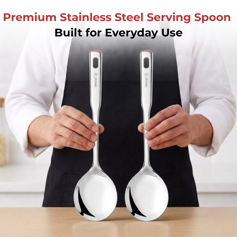 Vinod Queen Kabdir stainless steel serving spoon set of 2, 37 cm, long handle, in-use view