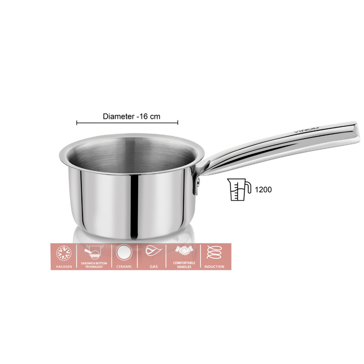Vinod – Claro Heavy Gauge Stainless Steel Sauce Pan (Plain), 1.5 mm – Capacity 1.2 Ltr (16cm)