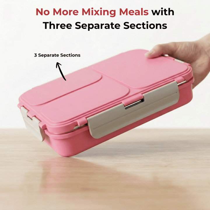 VINOD Stainless Steel Tiffin 3 Compartment Pink, Airtight Silicone-Sealed Lid, Insulated, Food-Grade Steel, Secure Side Clips