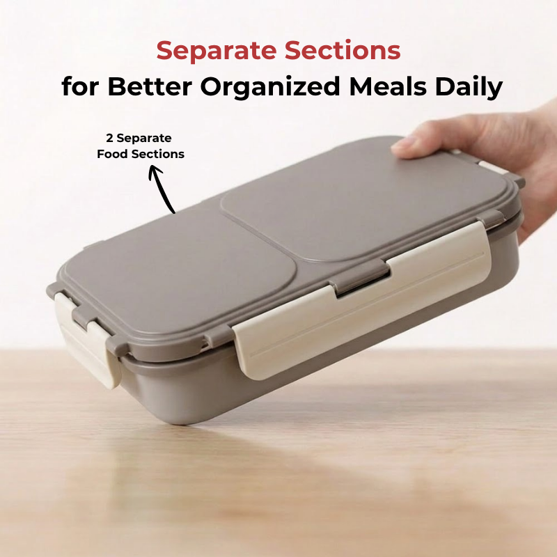 Vinod stainless steel 2 compartment lunch box in grey, silicone-sealed airtight lid, in-use view