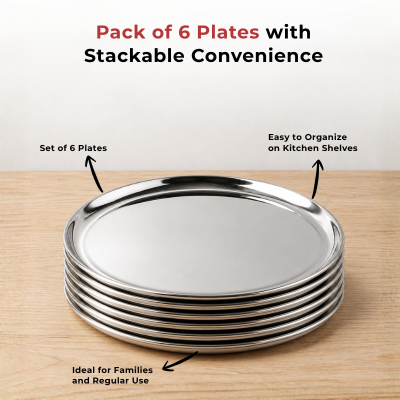 Vinod stainless steel Bangla Bogi lunch plate set of 6, 21 cm, mirror finish, in-use view