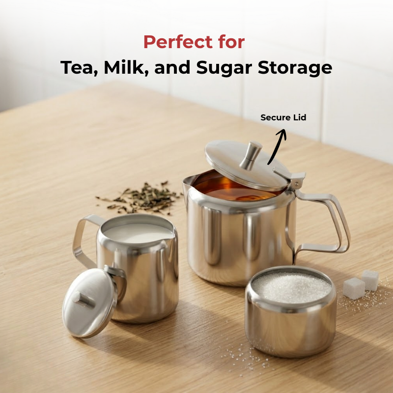 Vinod stainless steel 3 piece medium tea set, 750 ml tea pot with 250 ml milk and sugar pots, in-use view