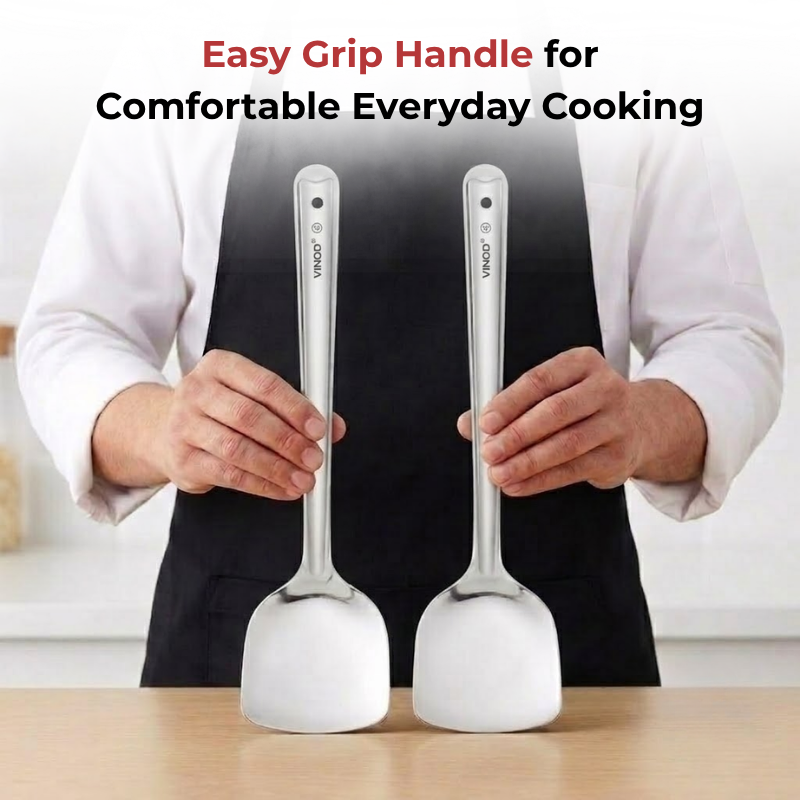 Vinod Stainless Steel Basting Turner / Khurpa/ Cooking Palta Turner Set of 2, in-use view
