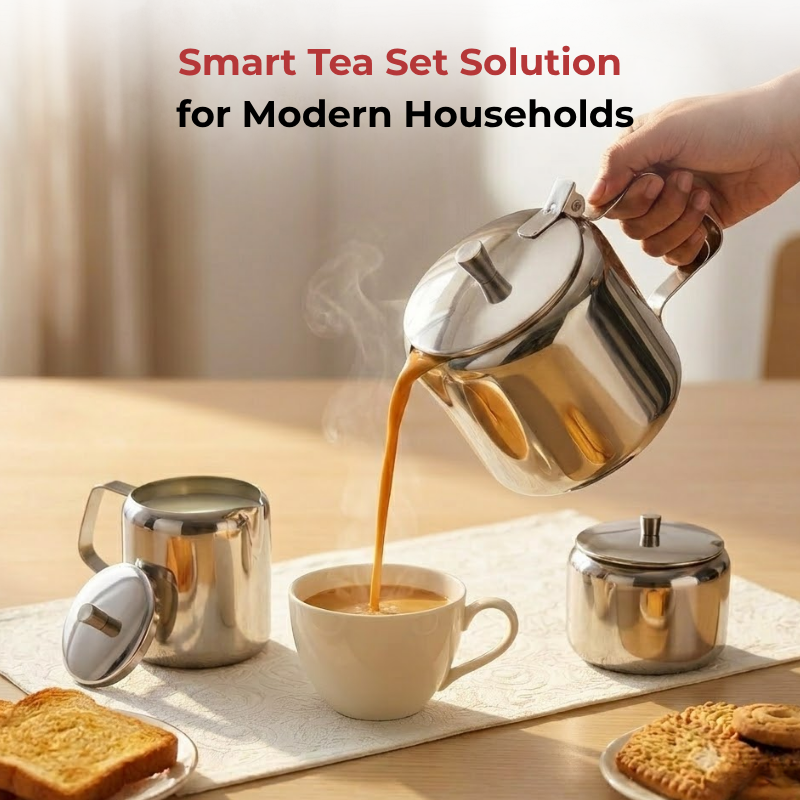 Vinod stainless steel 3 piece large tea set, 1000 ml tea pot with 250 ml milk and sugar pots, in-use view
