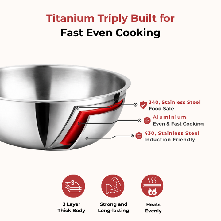 VINOD Doniv Titanium Triply Stainless Steel Tasla 20 cms, 1.65 Liter Capacity, Induction Friendly