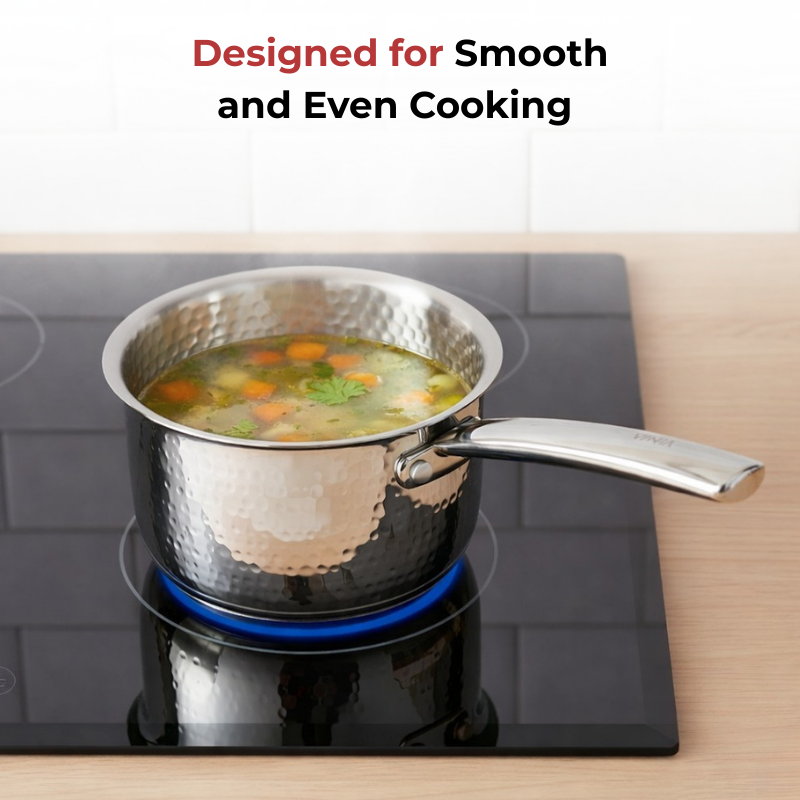 Vinod Claro Heavy Gauge Stainless Steel Hammered Sauce Pan, 1.5 mm, in-use view