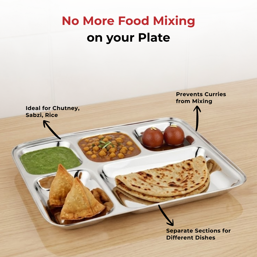 Vinod stainless steel 5 compartment bhojan thali with square edges, pack of 2, in-use view