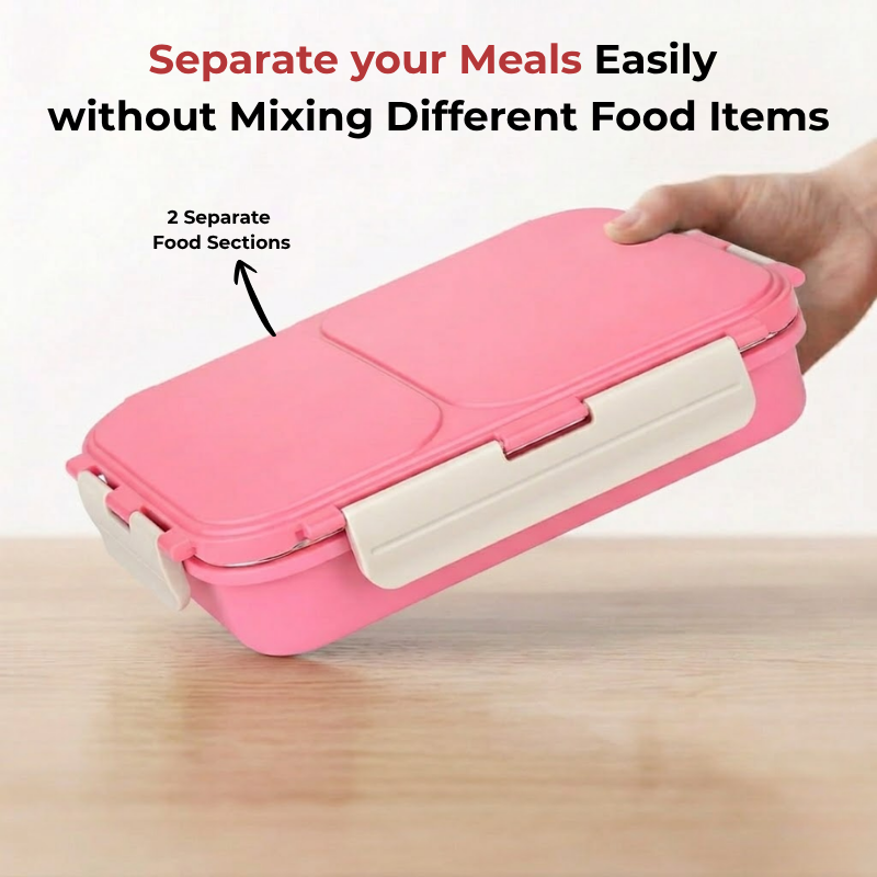 Vinod stainless steel 2 compartment tiffin in pink, silicone-sealed airtight lid, in-use view