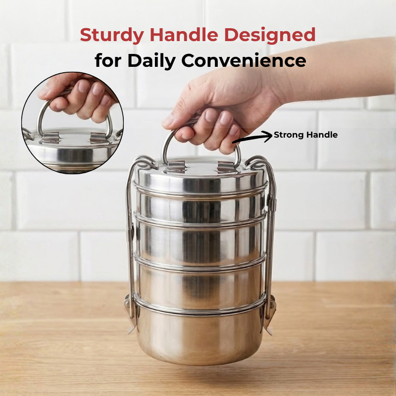 Vinod Stainless Steel Lunch Tiffin Set, in-use view
