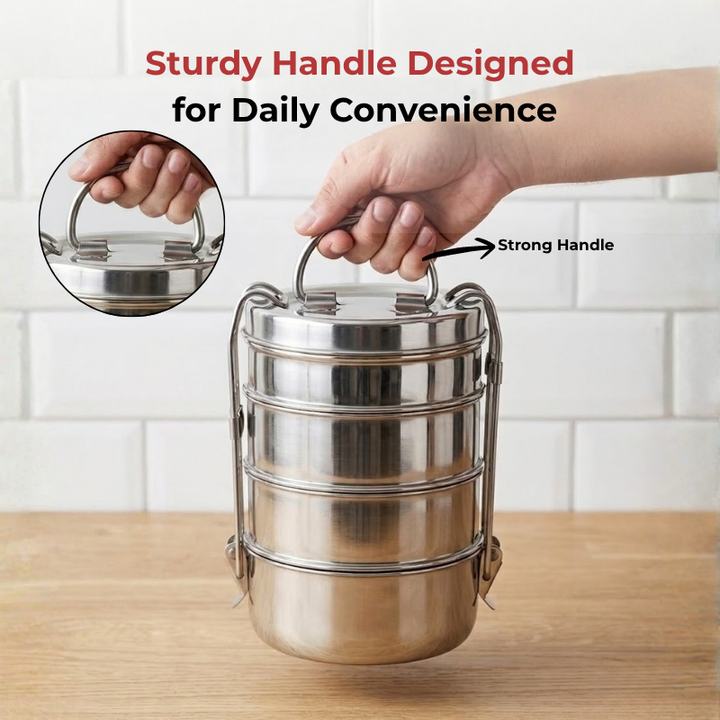 VINOD Stainless Steel Lunch Tiffin Set, 7 Inch - 4 Compartment Design, Rust Free, Mirror Finish, Durable, Tough and Strong