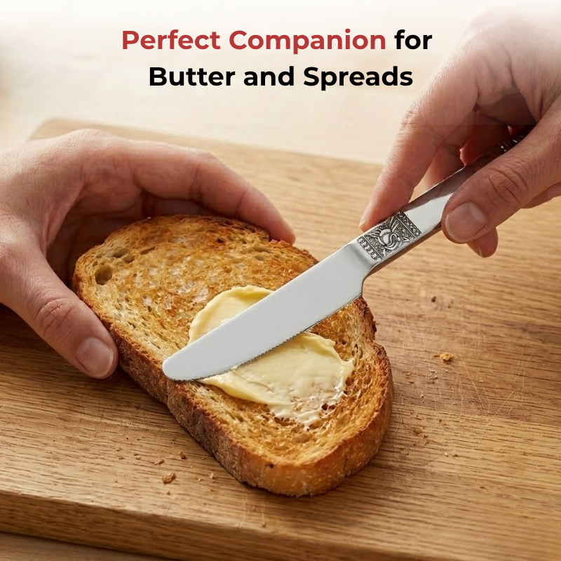 Vinod Moscow stainless steel dinner knife set of 6, in-use view