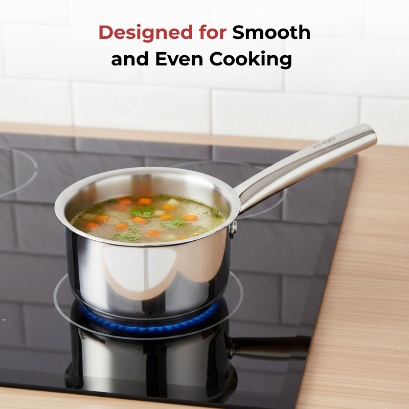 Vinod Claro Heavy Gauge Stainless Steel Sauce Pan (Plain), 1.5 mm, in-use view