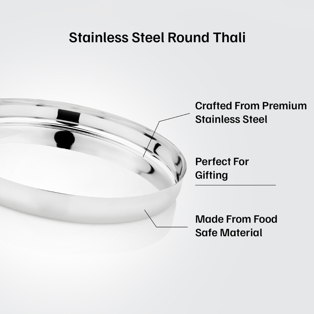 Vinod stainless steel beeding khumcha thali set of 2, 24 cm, mirror finish, angled view