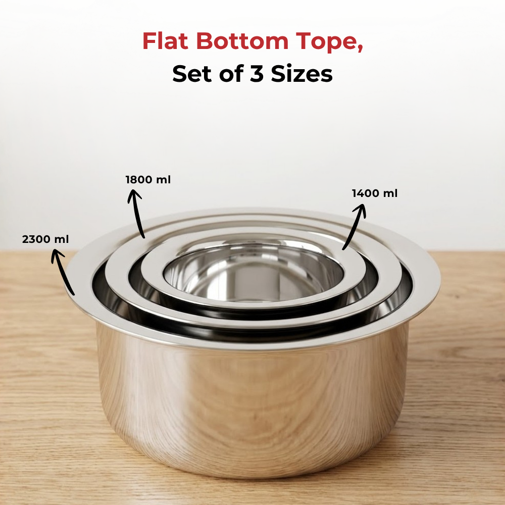 Vinod stainless steel induction friendly flat bottom tope set of 3, 1400 ml, 1800 ml and 2300 ml, close-up detail