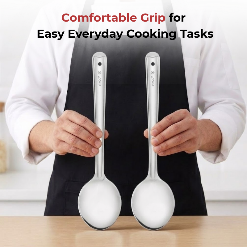 Vinod Stainless Steel Serving Paan / Cooking Spoon Set of 2, in-use view