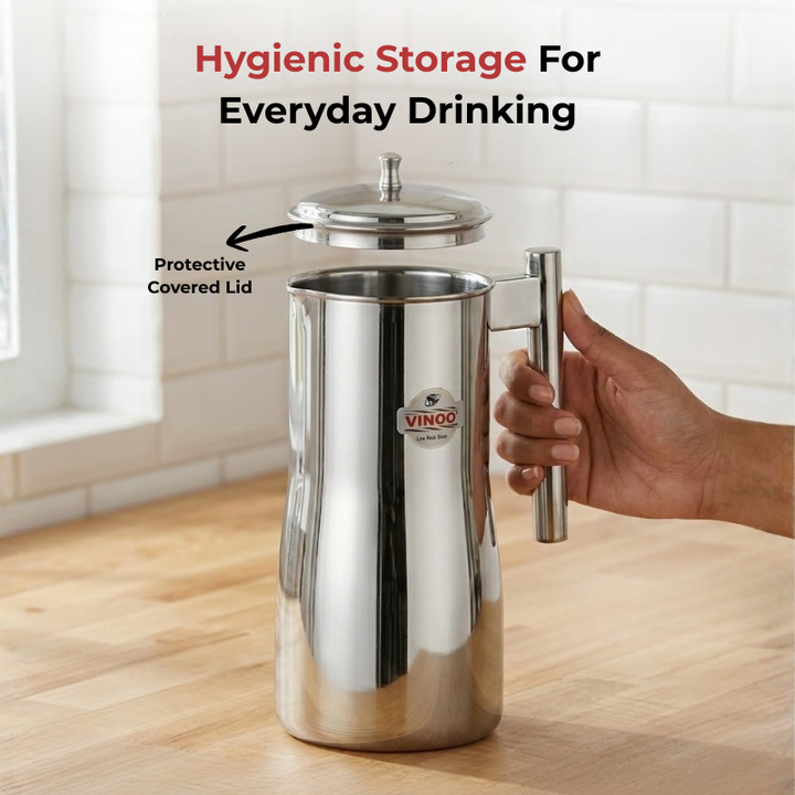 VINOD Stainless Steel Magnum Water Pitcher / Jug with Cover - 1700 ml, Mirror Finish, Sturdy Tough Build, Dishwasher Safe, Leak Free