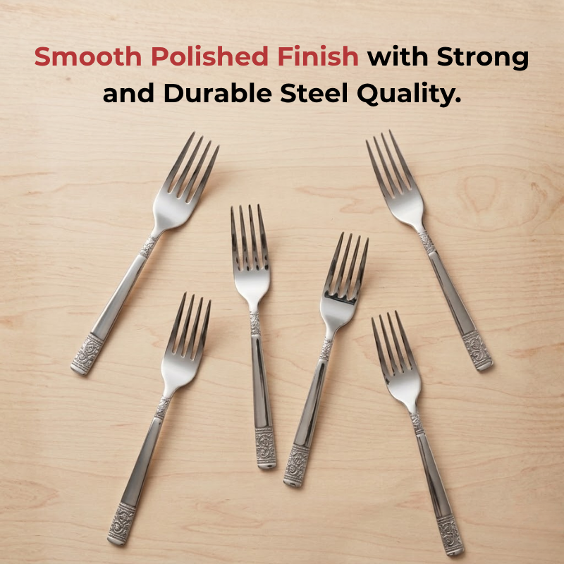 Vinod Moscow stainless steel dinner fork set of 12, in-use view