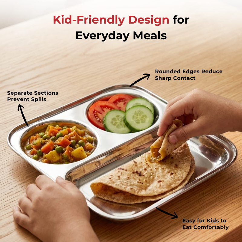 VINOD Stainless Steel 3 In 1 Compartment Plate with Round Edges, Pav Bhaji Plate, Idli Sambhar Plate, Lunch / Dinner Plate [Pack of 2]