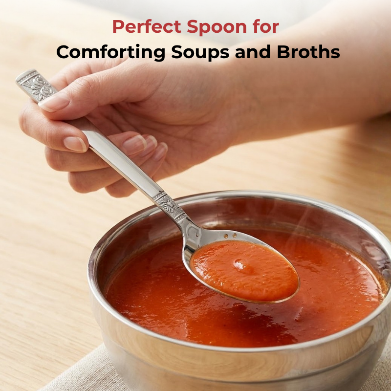 Vinod Moscow stainless steel dessert spoon set of 12, in-use view